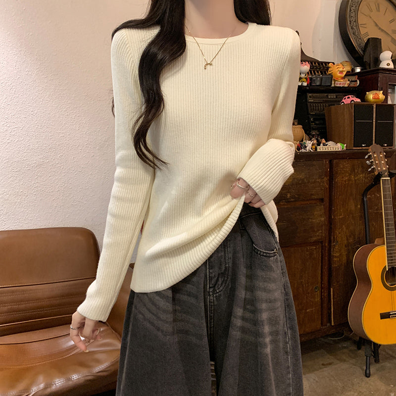 Autumn/Winter Half-High Neck Slim Fit Long Sleeve Base Knit Top Thick Fleece Warm White Sweater for Women