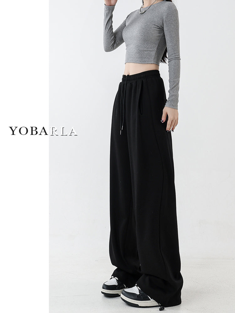 Women's black straight-leg casual pants, autumn and winter style, fleece-lined and thickened, plus size, slimming, loose and draped, wide-leg athletic sweatpants.