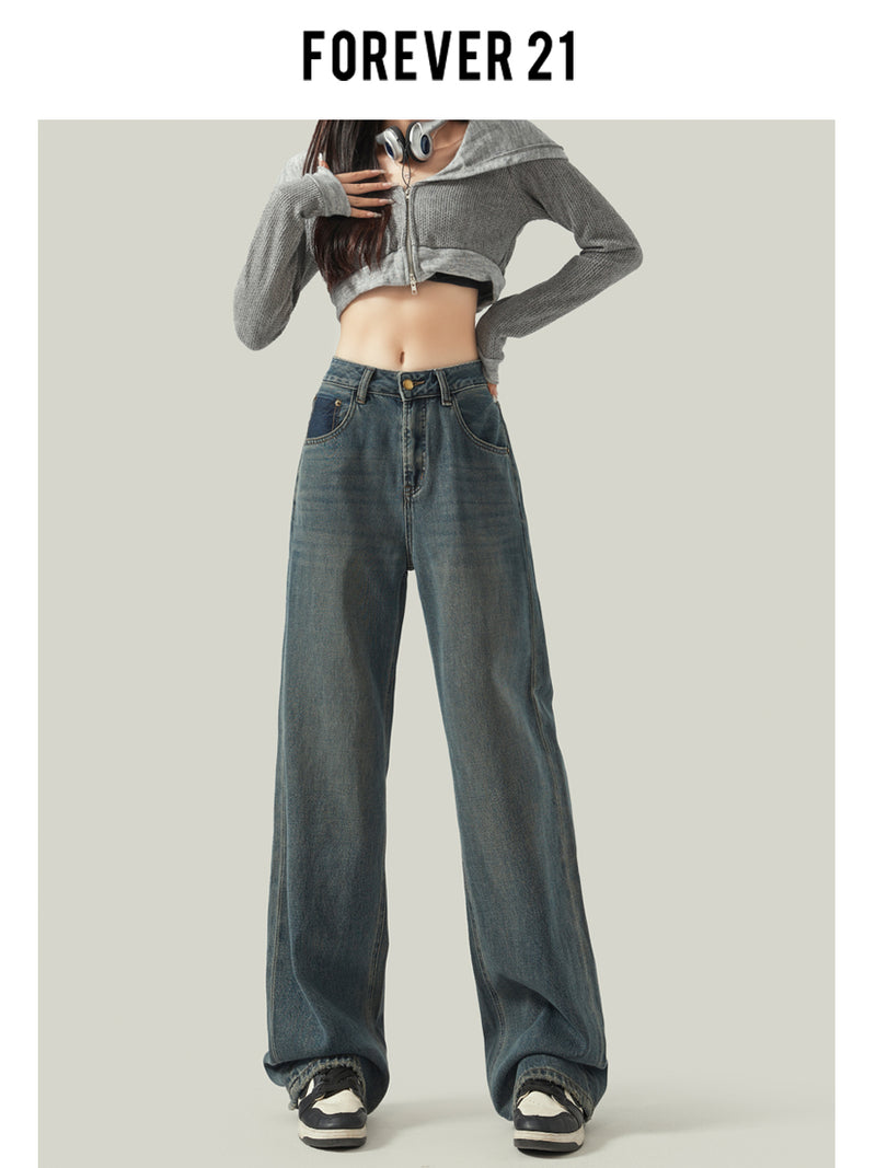 Cement gray straight leg jeans for women, new style, retro Hong Kong style, slimming, drapey wide leg pants