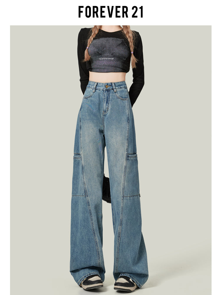 American-style wide-leg cargo pants, new retro high-waisted straight leg jeans for women.