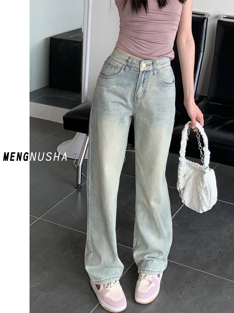 Light-colored slim-fit wide-leg jeans for women, new style, high-waisted, slimming, petite, loose straight leg pants