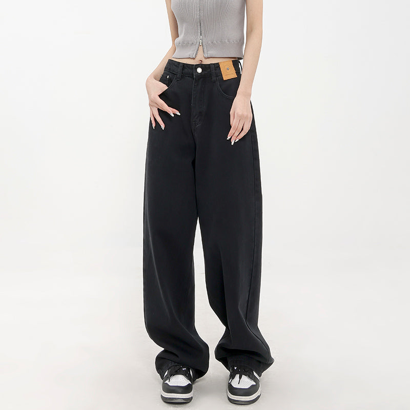 American retro blue straight-leg wide-leg jeans for women, casual and versatile, light-colored, floor-length trousers.
