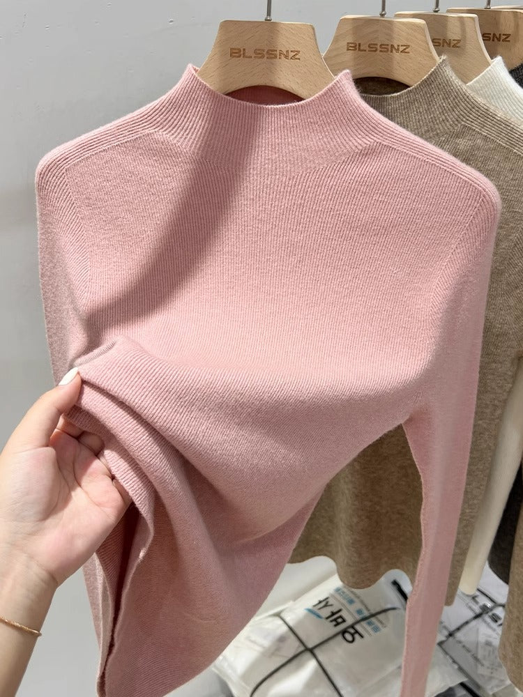 100% Soft and Cozy Wool Sweater for Women, White High-Neck Knitted Base Layer, Slim Fit and Elegant Tri-Neck Sweater