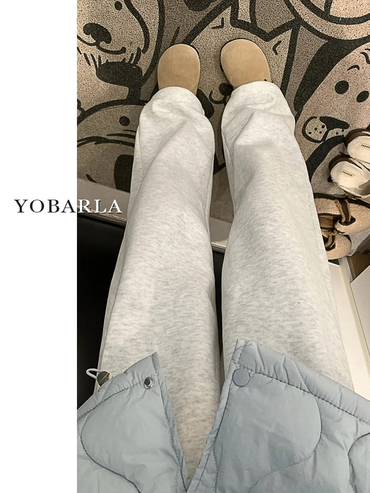 Snowflake Grey Straight Leg Casual Pants for Women, Plus Size, Autumn and Winter, Fleece Lined, Loose Fit, Slimming, Relaxed Style, Sporty Wide Leg Sweatpants