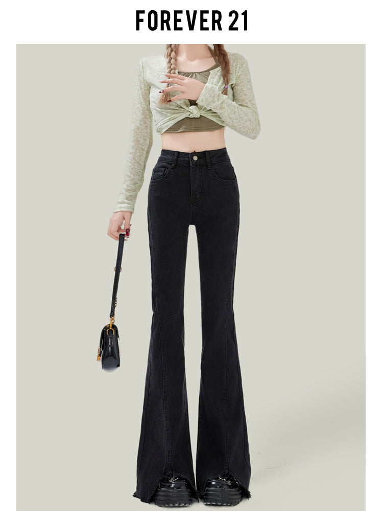 Light blue flared jeans for women, high-waisted, slim-fitting, platform style, floor-length.