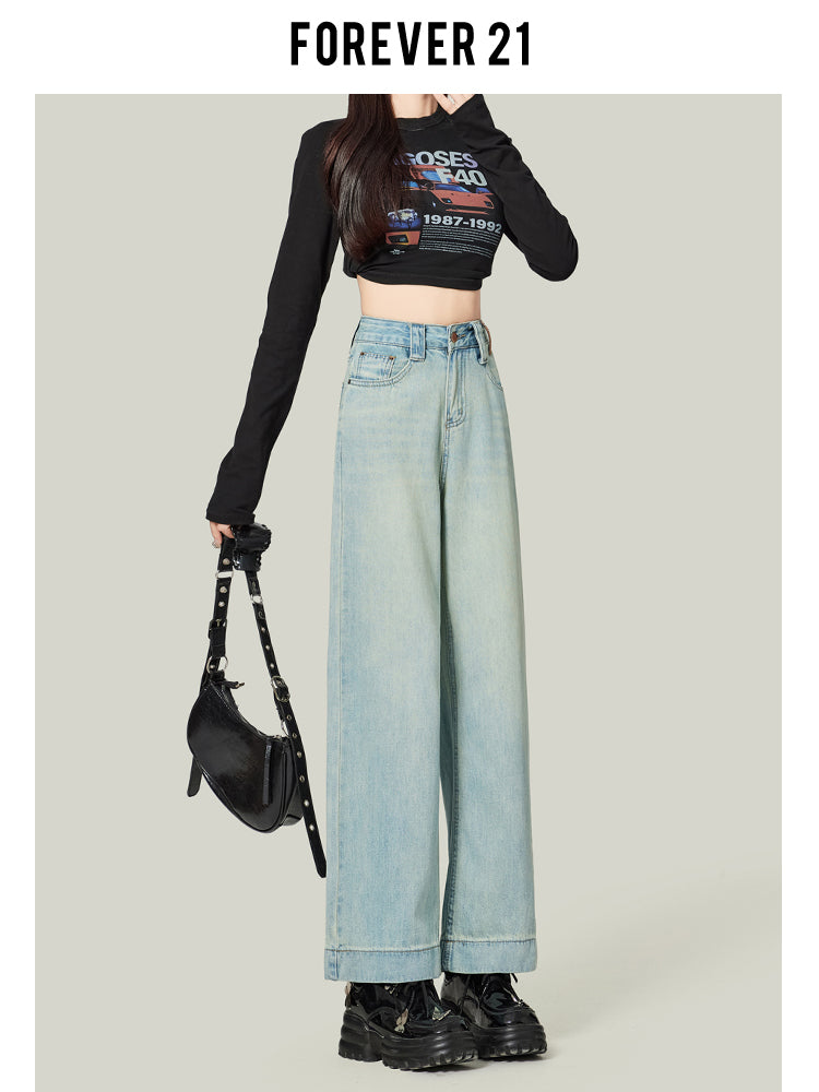 Retro blue high-waisted cropped straight leg jeans for petite women, pear-shaped, loose fit, slimming wide-leg pants