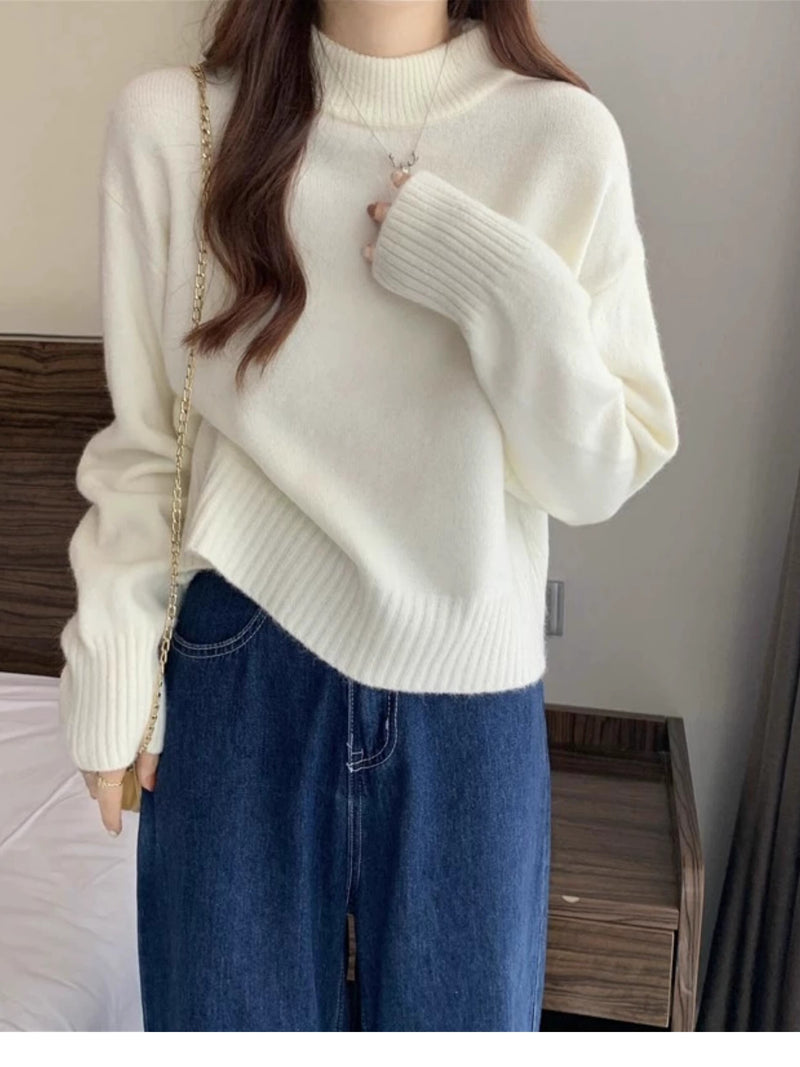 French-style short sweater for women, autumn and winter, petite, thick, soft and gentle style, high neck pullover knitwear