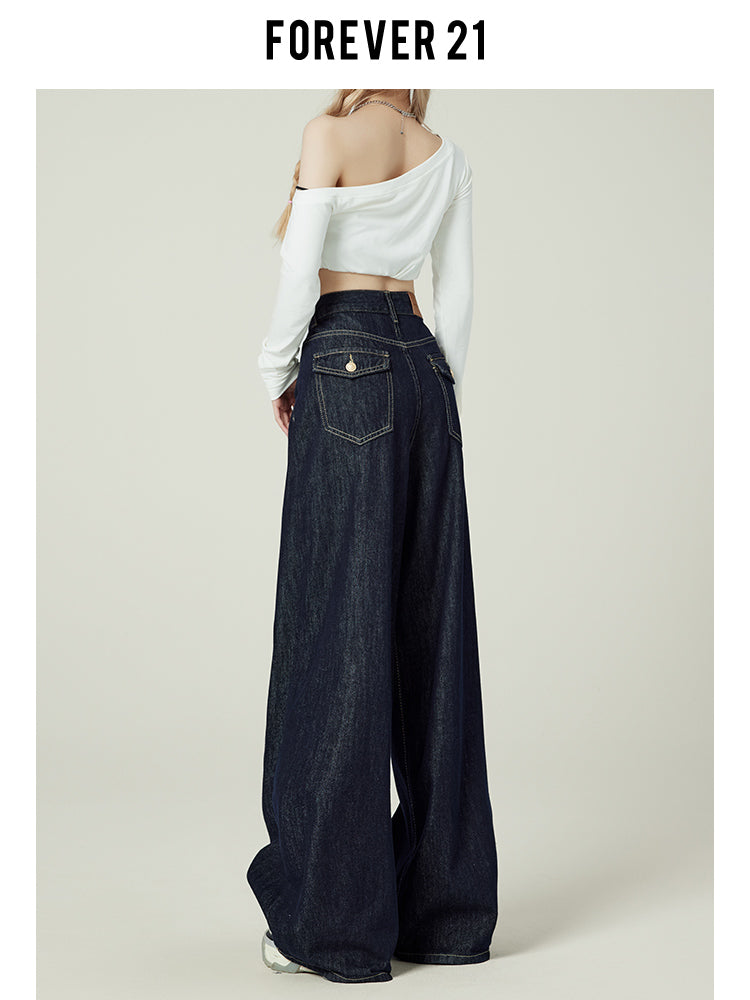 Retro-style denim blue wide-leg jeans for women, American style, high-waisted, loose-fitting, pear-shaped, floor-length.