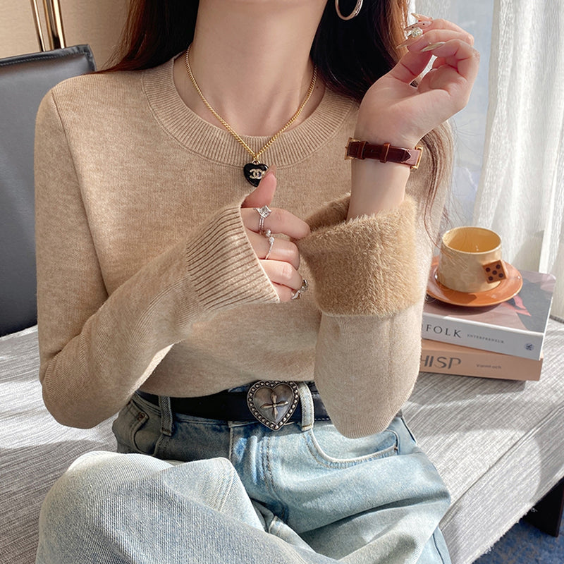 New autumn/winter style fleece-lined, thickened round neck sweater for women, solid color, soft and cozy knitted base layer top.