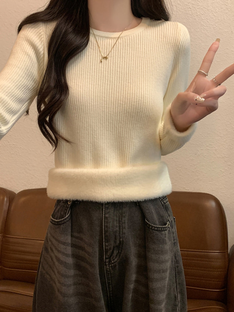 Autumn/Winter Half-High Neck Slim Fit Long Sleeve Base Knit Top Thick Fleece Warm White Sweater for Women