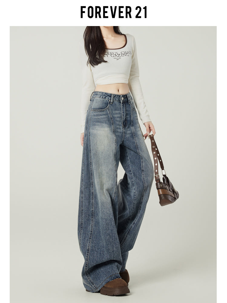 Retro blue high-street loose wide-leg jeans for women, American design, high waist and drape.
