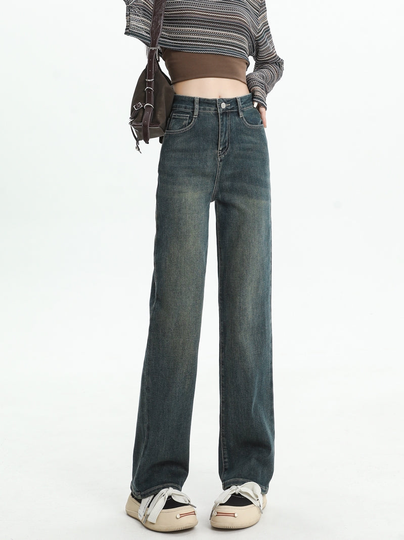 Women's straight-leg fleece-lined jeans, new autumn/winter style, high-waisted, retro, petite, slim-fit, wide-leg pants.