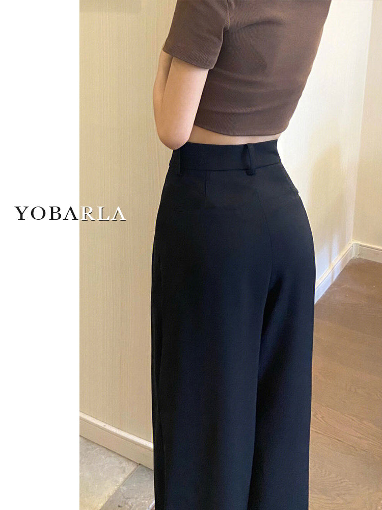 Women's black wide-leg casual suit pants, plus size, loose fit, flattering for pear-shaped figures, straight leg drape.