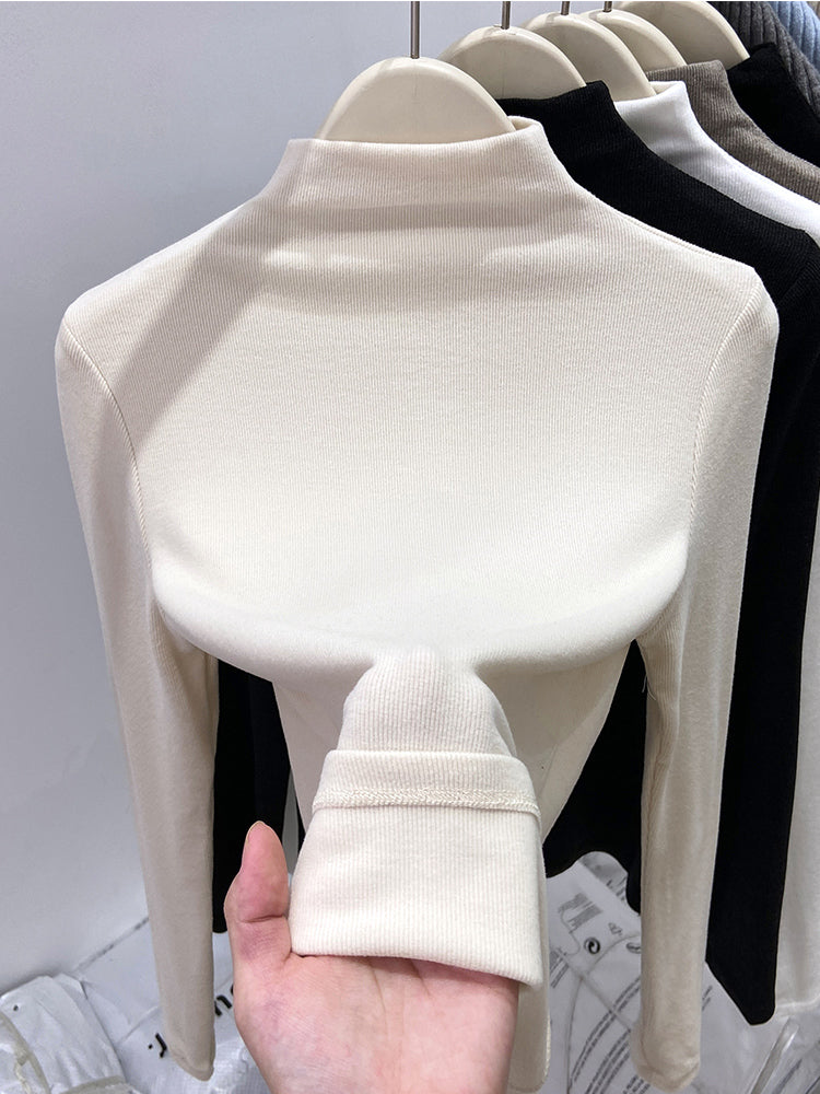 New autumn/winter style high-neck mousse cashmere long-sleeved base layer top for women, brushed fleece inner layer, high-end fleece-lined top