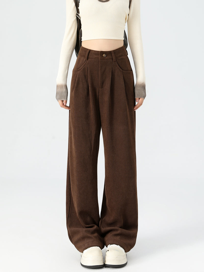 Maillard dark brown corduroy pants, new autumn/winter style, high-waisted, short-leg brown, casual pants.