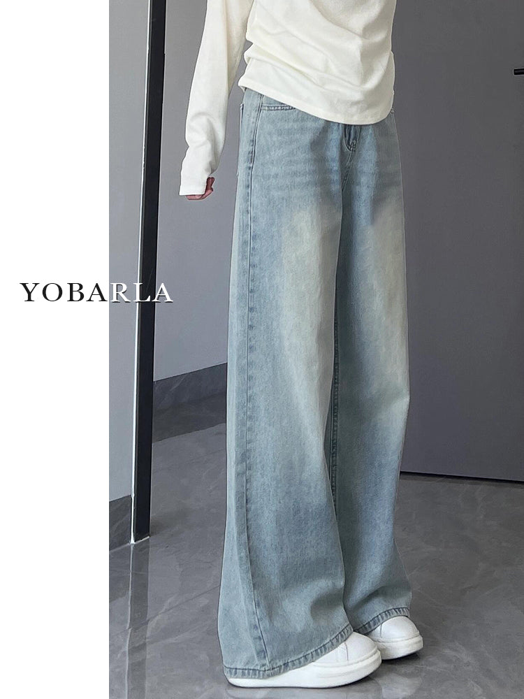 Light-colored straight-leg jeans for women, autumn and winter, fleece-lined and thickened, plus size, loose fit, slimming, pear-shaped figure wide-leg pants.