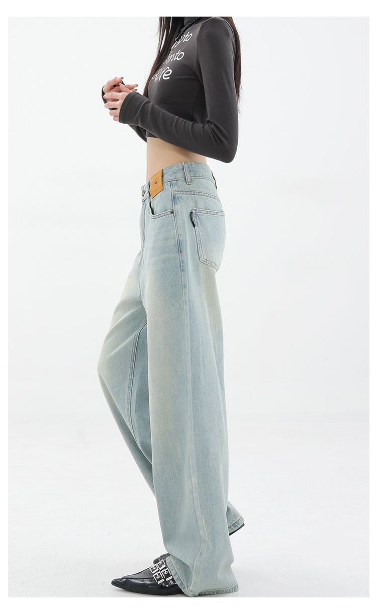 American retro blue straight-leg wide-leg jeans for women, casual and versatile, light-colored, floor-length trousers.