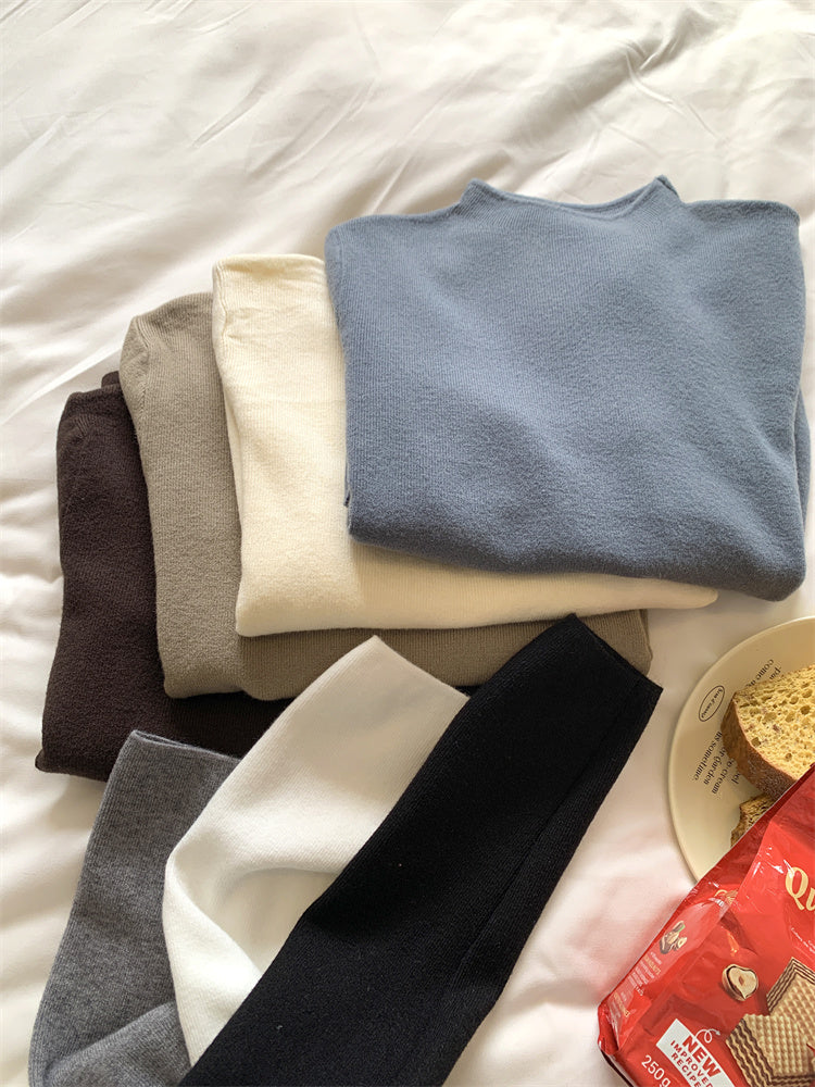 Soft and fluffy cashmere-feel high-neck knitted base layer sweater for women in spring, autumn and winter, with fleece lining, solid color, pullover sweater.