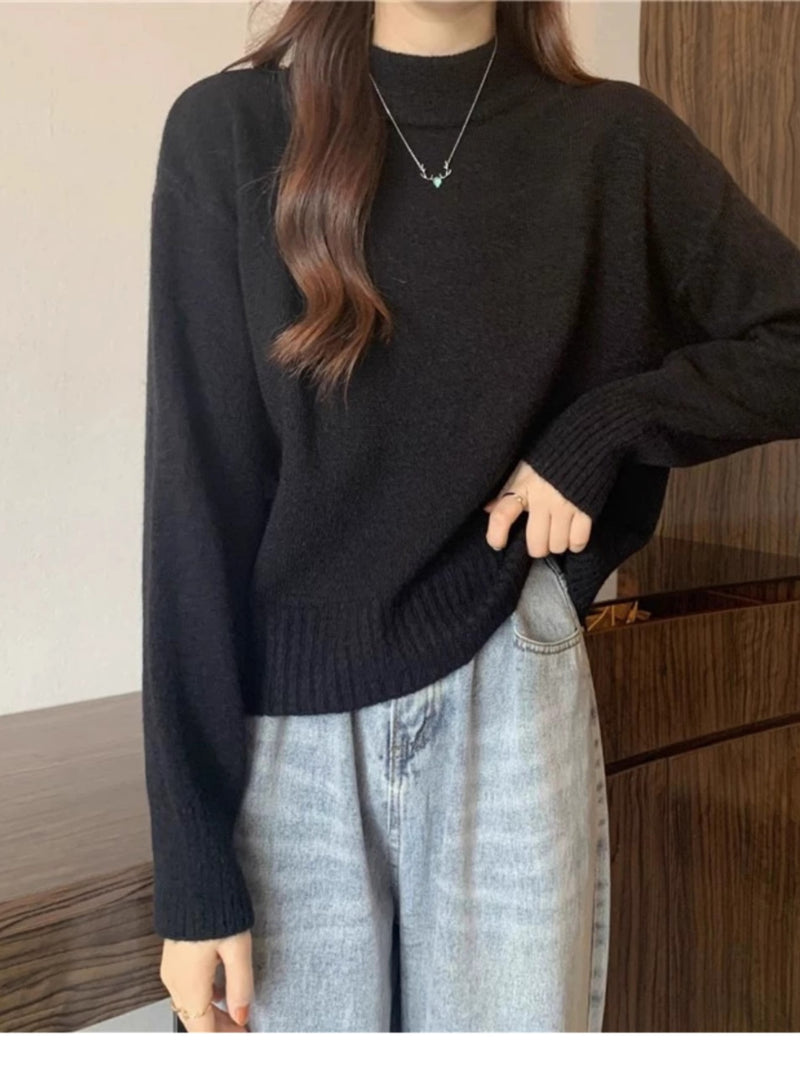 French-style short sweater for women, autumn and winter, petite, thick, soft and gentle style, high neck pullover knitwear