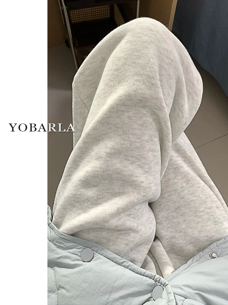 Snowflake Grey Straight Leg Casual Pants for Women, Plus Size, Autumn and Winter, Fleece Lined, Loose Fit, Slimming, Relaxed Style, Sporty Wide Leg Sweatpants