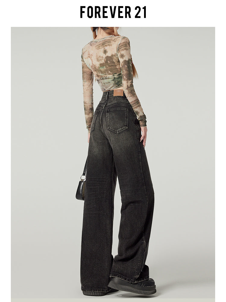 American retro high-waisted wide-leg jeans for women, sexy black loose-fitting slim-fit pear-shaped straight leg pants