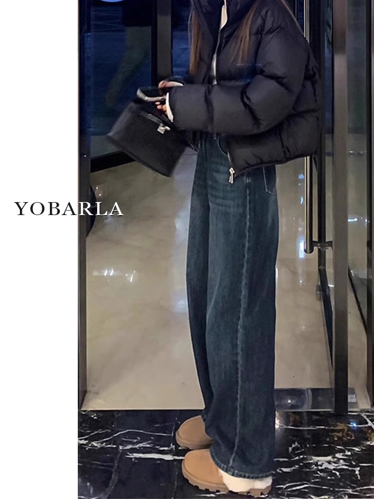 Women's straight-leg jeans, autumn and winter, fleece-lined, thickened, plus size, pear-shaped figure, loose fit, slimming wide-leg pants