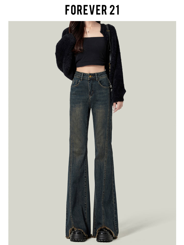 Light blue flared jeans for women, high-waisted, slim-fitting, platform style, floor-length.