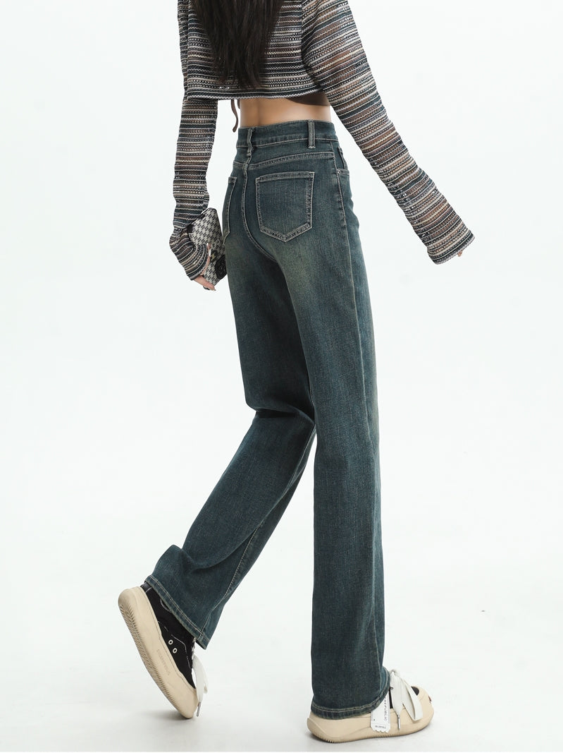 Women's straight-leg fleece-lined jeans, new autumn/winter style, high-waisted, retro, petite, slim-fit, wide-leg pants.