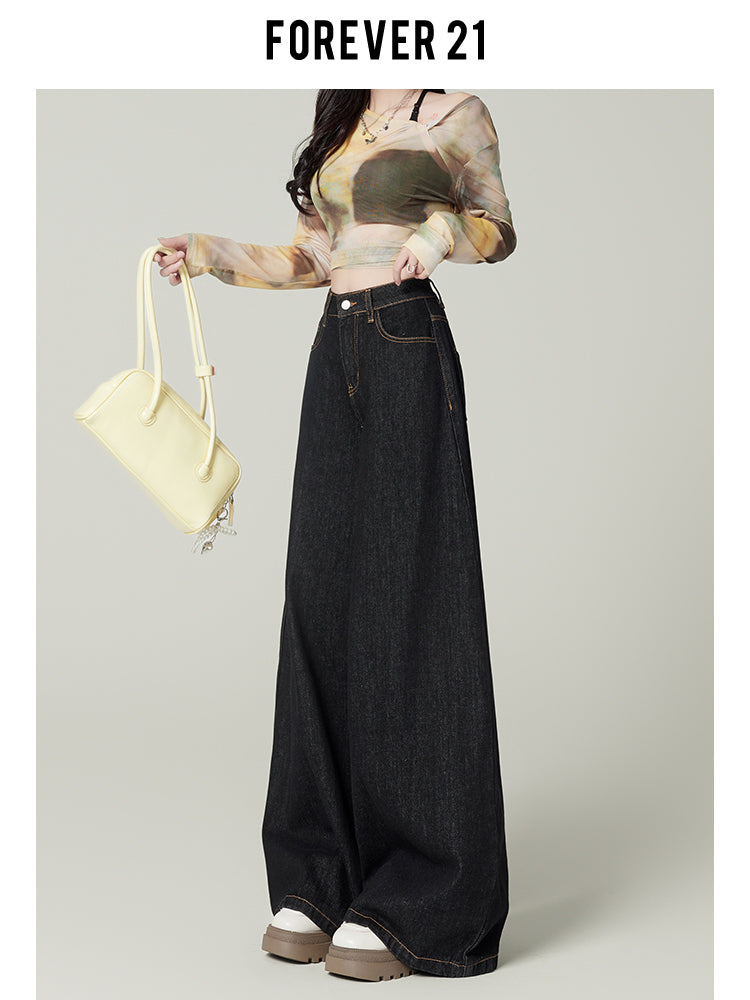 Retro dark blue wide-leg jeans for women, spring and autumn, high-waisted, loose-fitting, floor-length trousers.