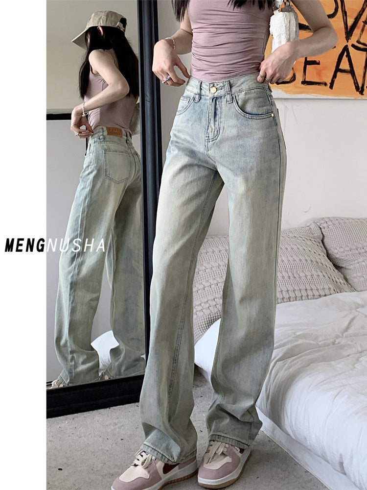 Light-colored slim-fit wide-leg jeans for women, new style, high-waisted, slimming, petite, loose straight leg pants