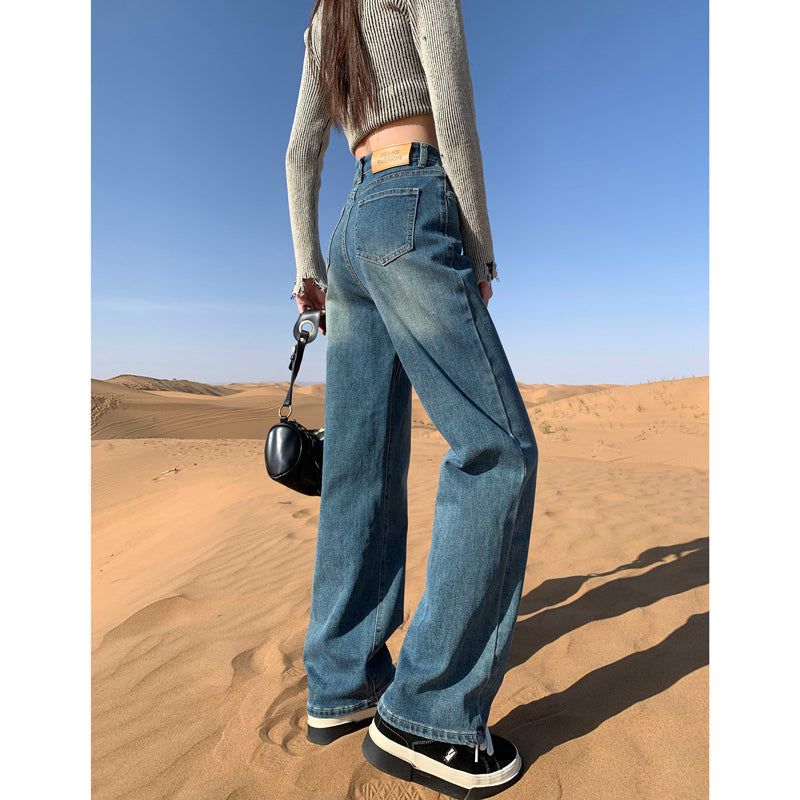 Cement gray fleece-lined slim-fit straight leg jeans for women, new style, high-waisted, slimming, wide-leg pants for petite women.