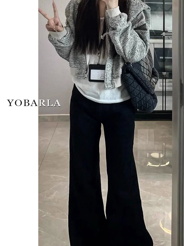 Women's black flared jeans, autumn/winter style, fleece-lined, plus size, stretchy, slimming, pear-shaped figure, wide-leg, platform pants.