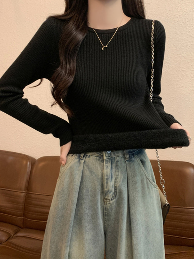 Autumn/Winter Half-High Neck Slim Fit Long Sleeve Base Knit Top Thick Fleece Warm White Sweater for Women