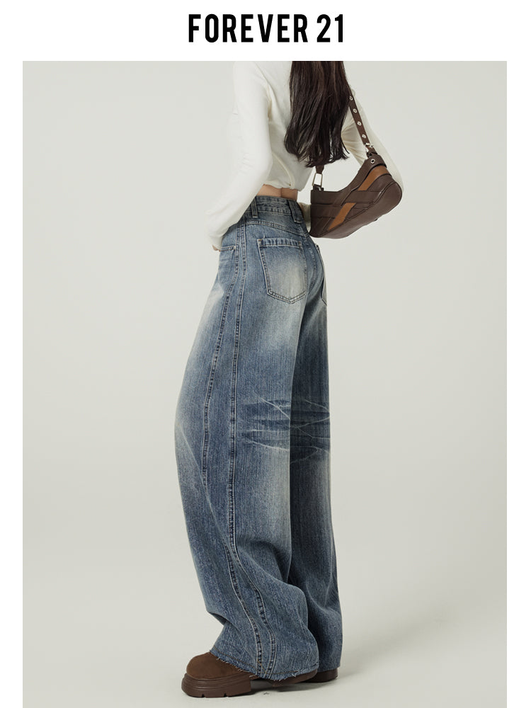Retro blue high-street loose wide-leg jeans for women, American design, high waist and drape.