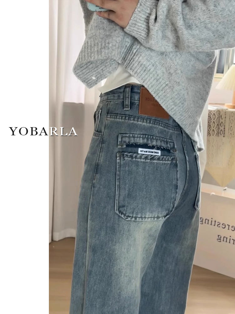 Retro blue straight-leg jeans for women, autumn and winter, fleece-lined and thickened, suitable for plus-size women, slimming for pear-shaped figures, loose wide-leg pants.