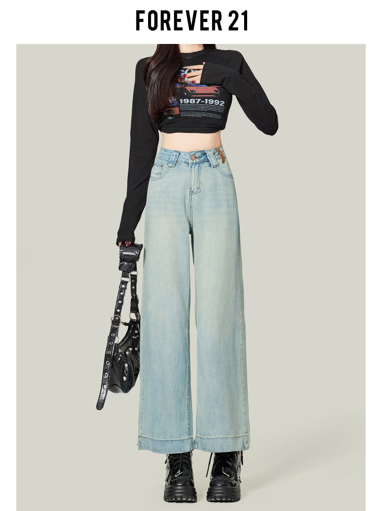Retro blue high-waisted cropped straight leg jeans for petite women, pear-shaped, loose fit, slimming wide-leg pants