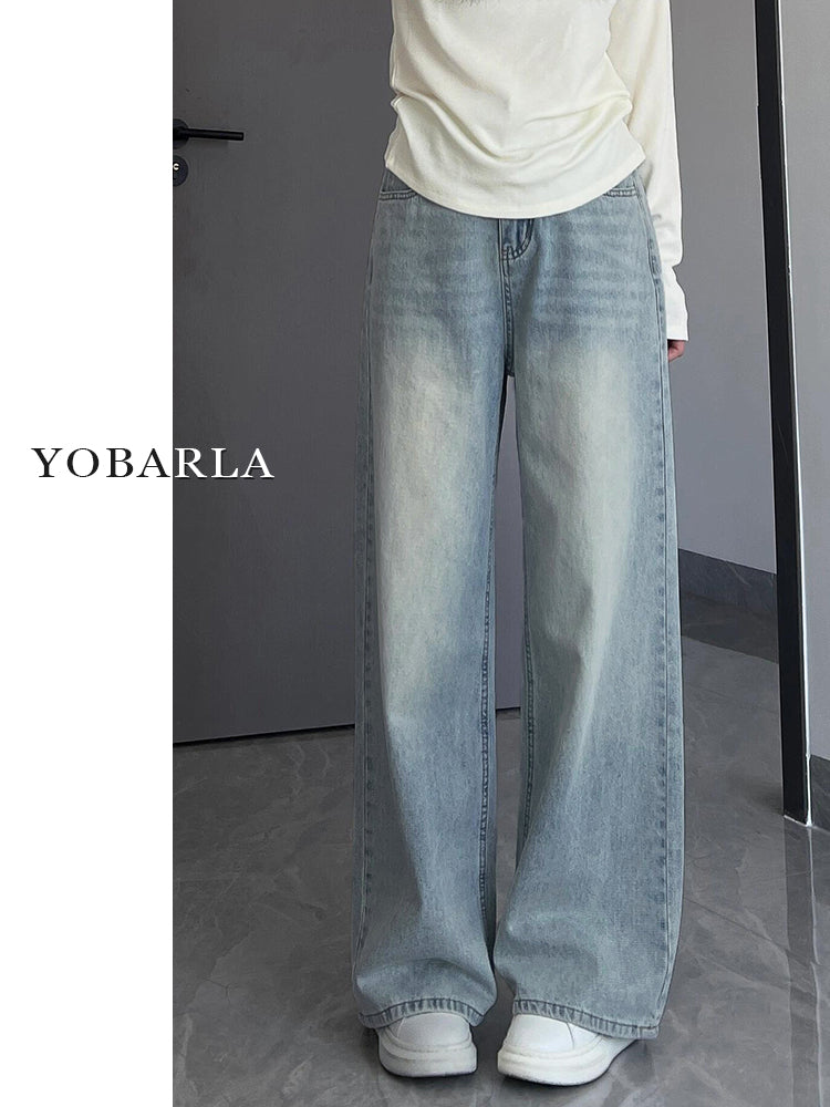 Light-colored straight-leg jeans for women, autumn and winter, fleece-lined and thickened, plus size, loose fit, slimming, pear-shaped figure wide-leg pants.