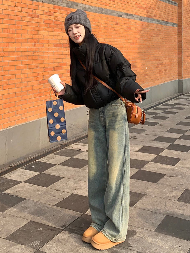 American-style high-street jeans for women, autumn and winter, thick and fleece-lined, new style, petite, loose, straight leg, narrow fit, wide leg pants.