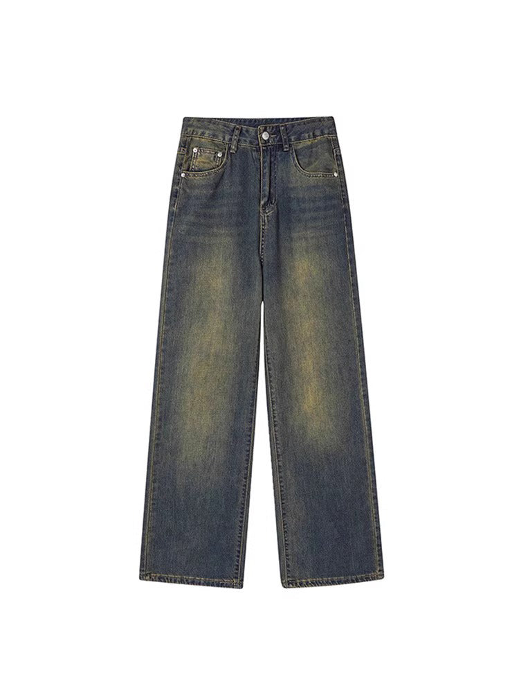 Women's wide-leg jeans for autumn and winter, fleece-lined, pear-shaped, plus-size, loose, slimming, straight-leg trousers.