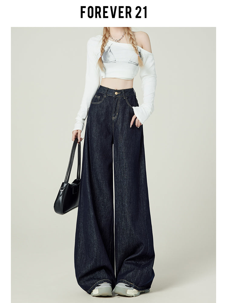Retro-style denim blue wide-leg jeans for women, American style, high-waisted, loose-fitting, pear-shaped, floor-length.