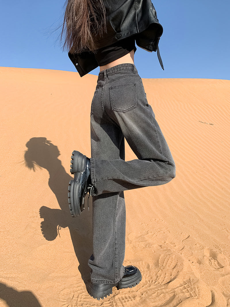 New style black and gray wide-leg jeans for women, American style, high-waisted, loose fit, slimming, straight leg, autumn and winter look.