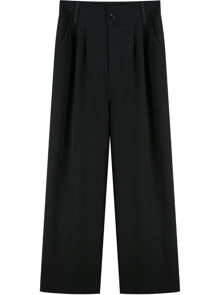 Women's black wide-leg casual suit pants, plus size, loose fit, flattering for pear-shaped figures, straight leg drape.