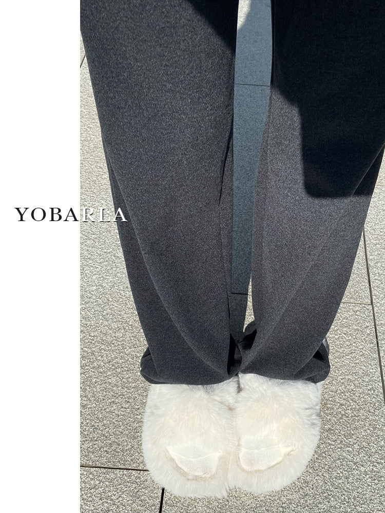 Women's Casual Straight Leg Wide-Leg Pants for Autumn and Winter, Fleece Lined, Plus Size, Loose Fit, Slimming for Pear-Shaped Figures
