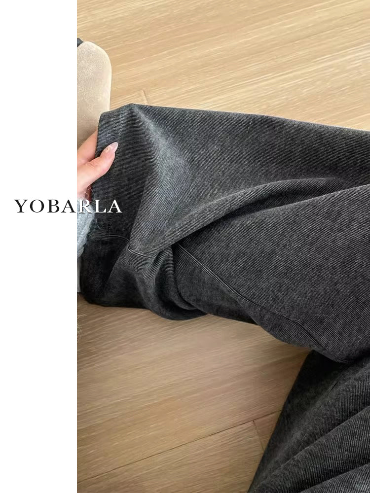 Women's casual winter fleece-lined straight leg pants, plus size, loose fit, drape, flattering for pear-shaped figures.