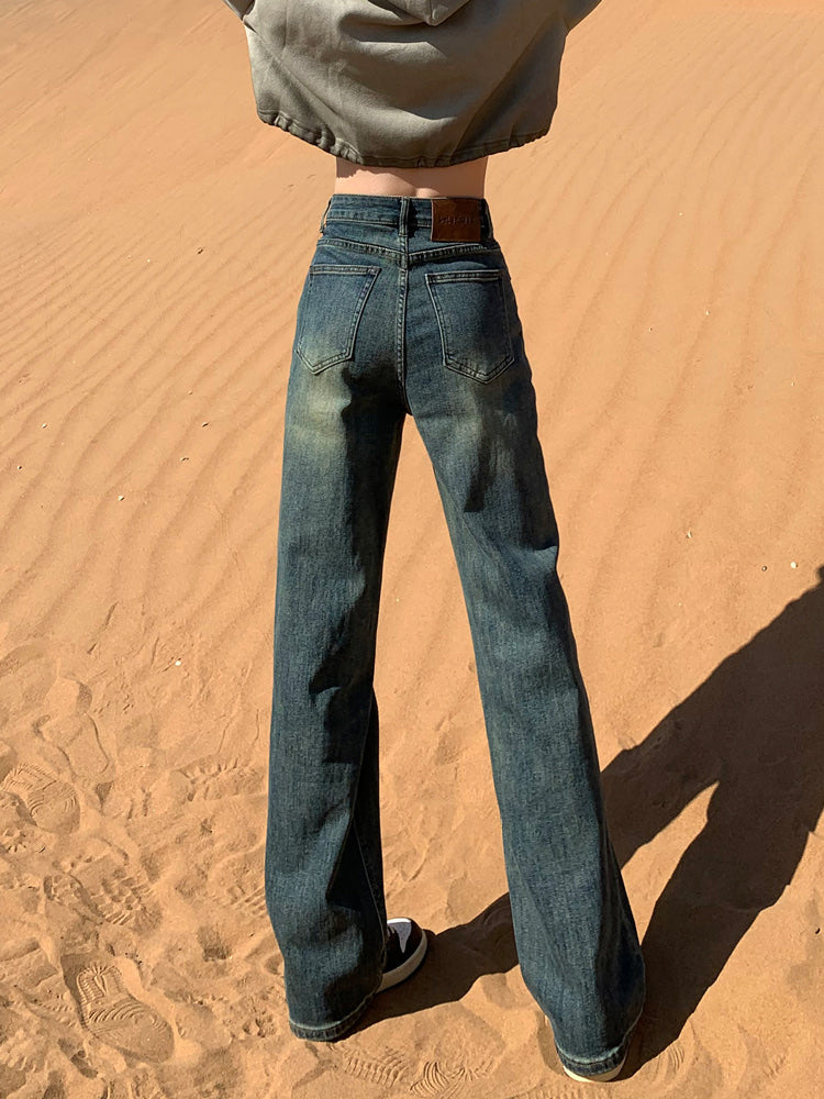 Cement gray fleece-lined slim-fit straight leg jeans for women, new style, high-waisted, slimming, wide-leg pants for petite women.