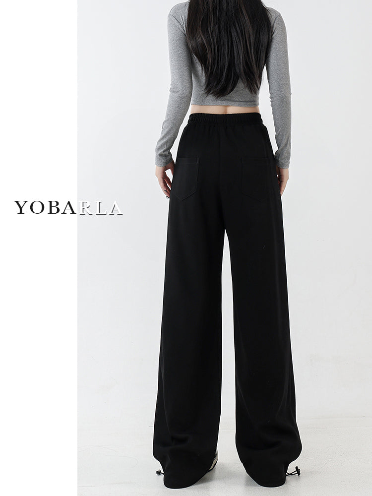 Women's black straight-leg casual pants, autumn and winter style, fleece-lined and thickened, plus size, slimming, loose and draped, wide-leg athletic sweatpants.