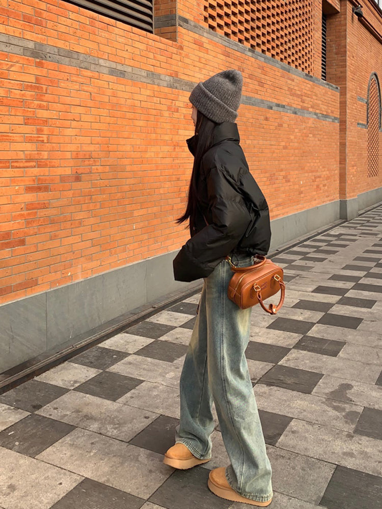 American-style high-street jeans for women, autumn and winter, thick and fleece-lined, new style, petite, loose, straight leg, narrow fit, wide leg pants.