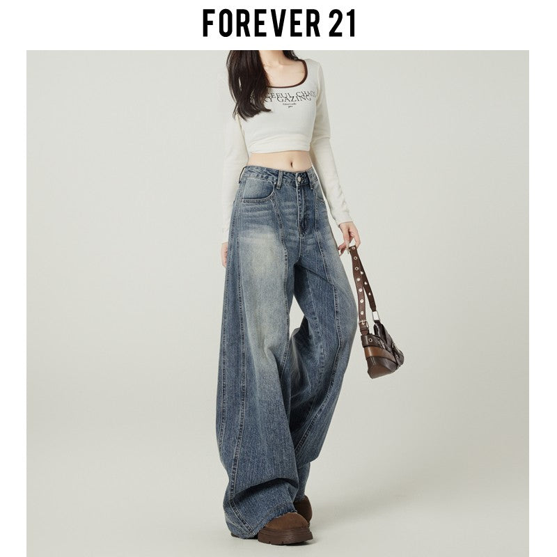 Retro blue high-street loose wide-leg jeans for women, American design, high waist and drape.