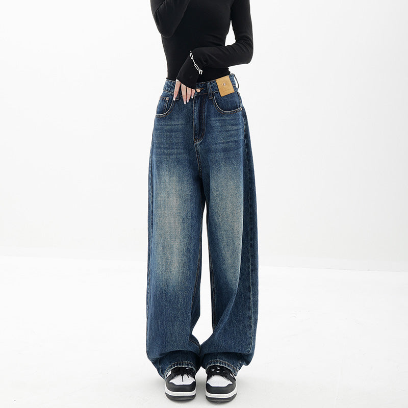 American retro blue straight-leg wide-leg jeans for women, casual and versatile, light-colored, floor-length trousers.