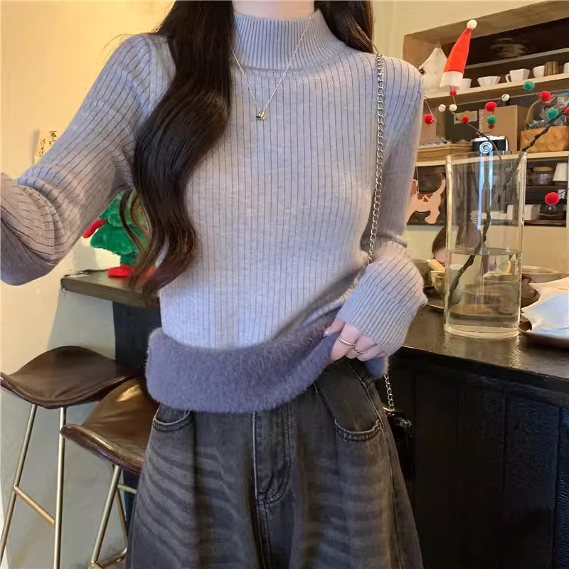 Autumn/Winter Half-High Neck Slim Fit Long Sleeve Base Knit Top Thick Fleece Warm White Sweater for Women
